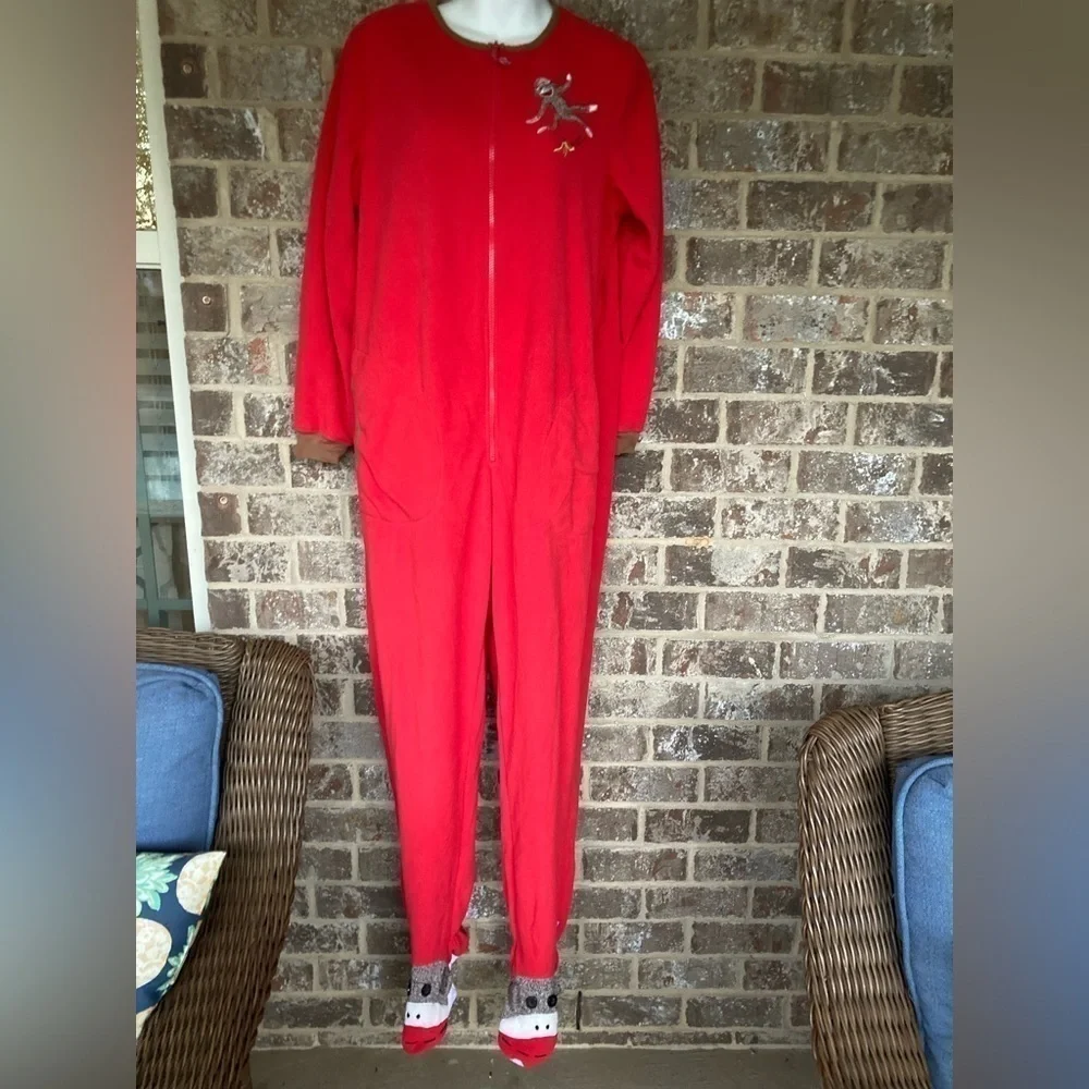 Nick & Nora Red SOCK MONKEY Footed Pajamas One Piece size medium.